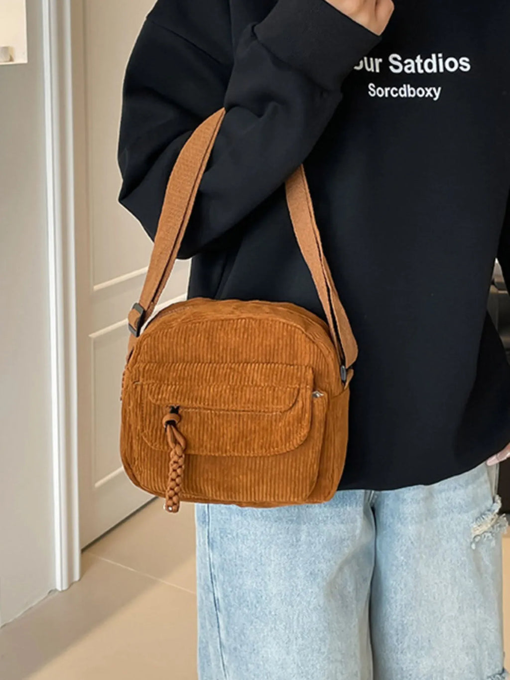 Corduroy Crossbody Bag with Adjustable Strap