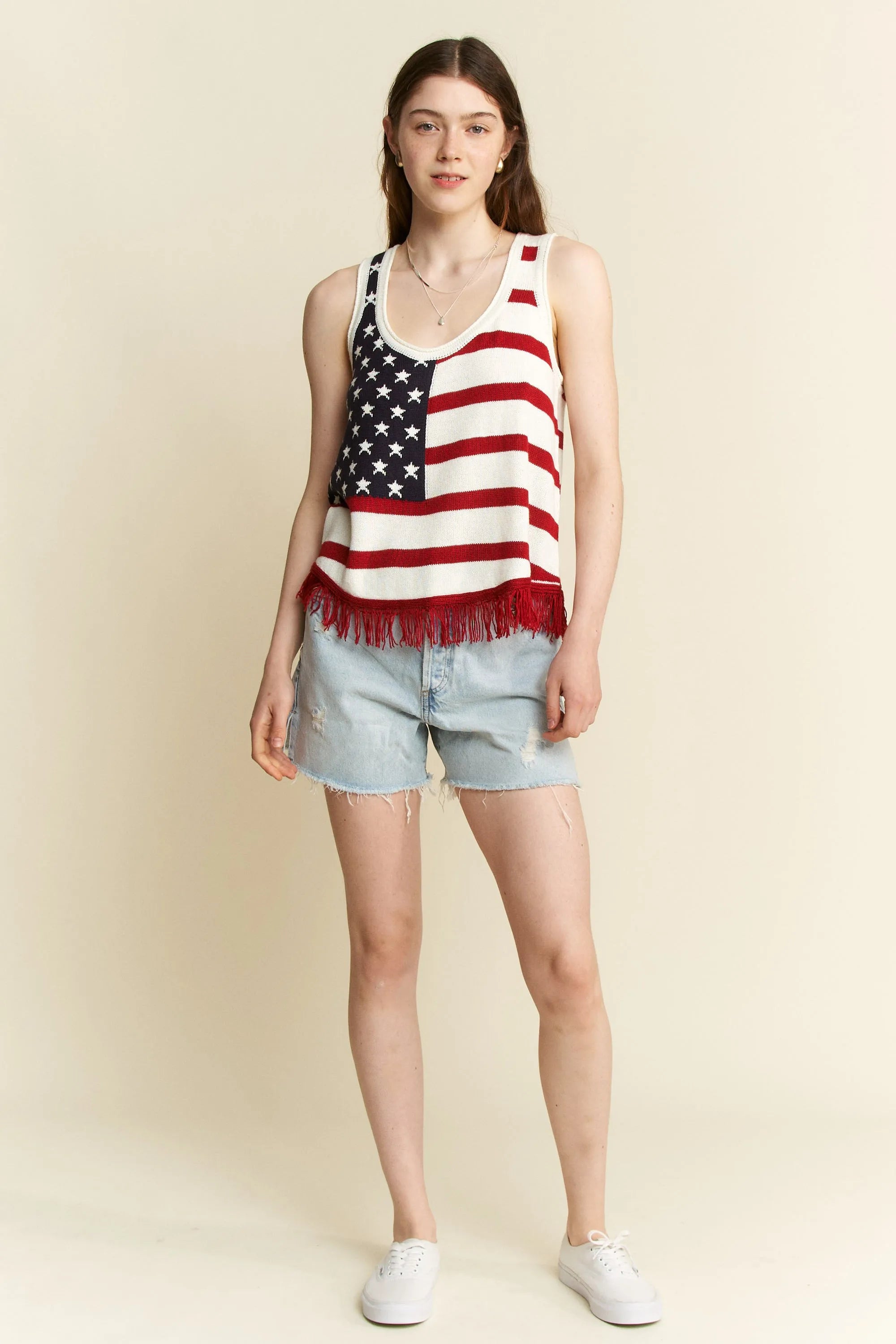 Jade By Jane Full Size American Flag Fringe Tank Top Plus Size