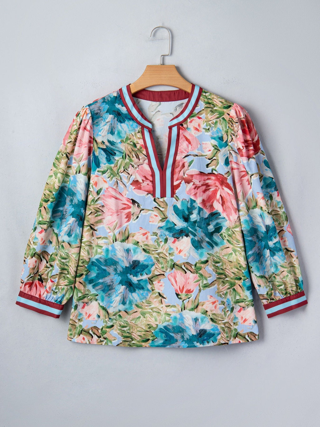 Contrast Trim V Neck Cuffed Bracelet Sleeve Floral Blouse