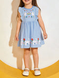 Children's Striped Bunny Embroidered Ruffle Sleeve Dress