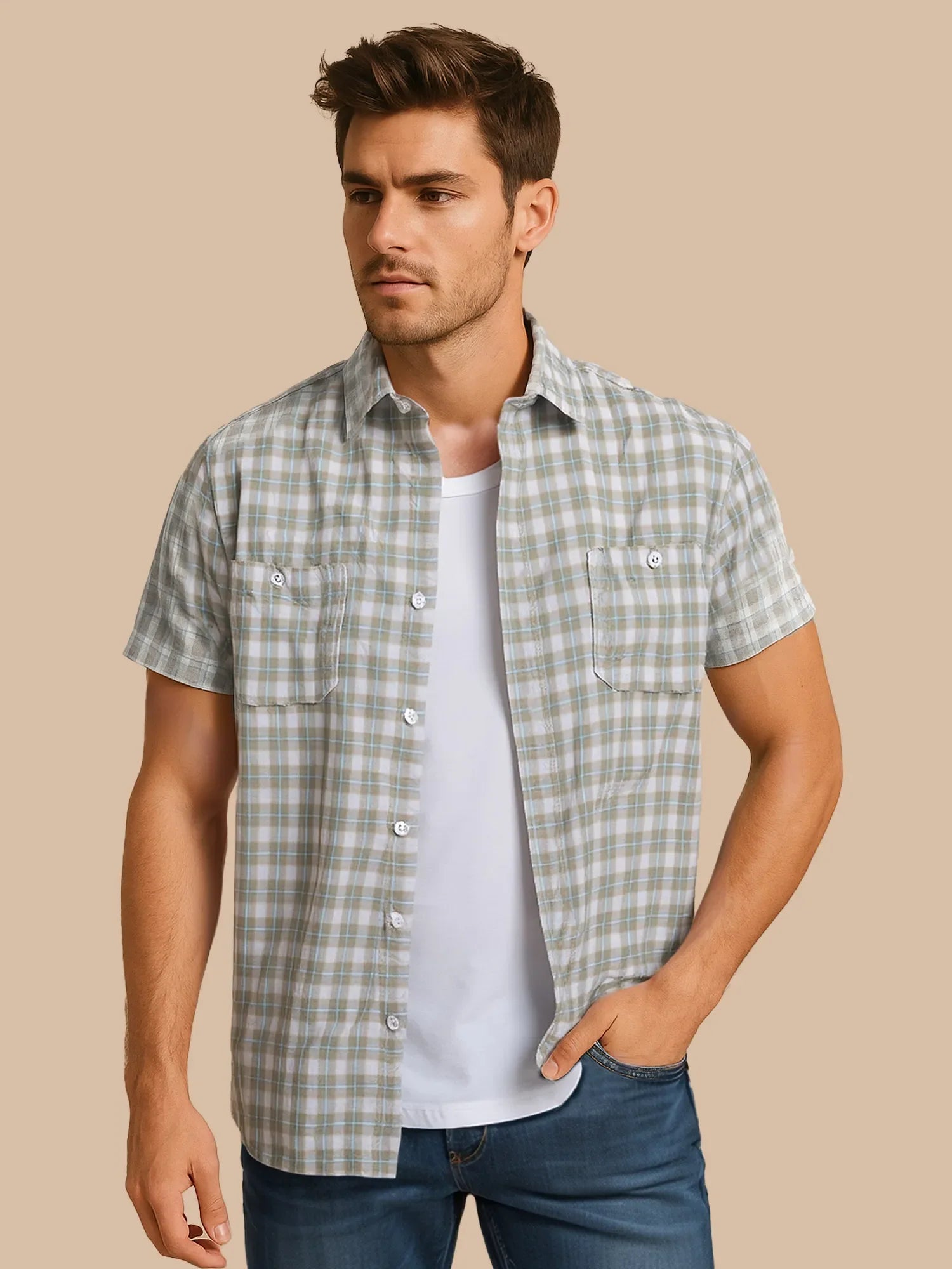 Men's Plus Size Button Down Plaid Short Sleeve Shirt