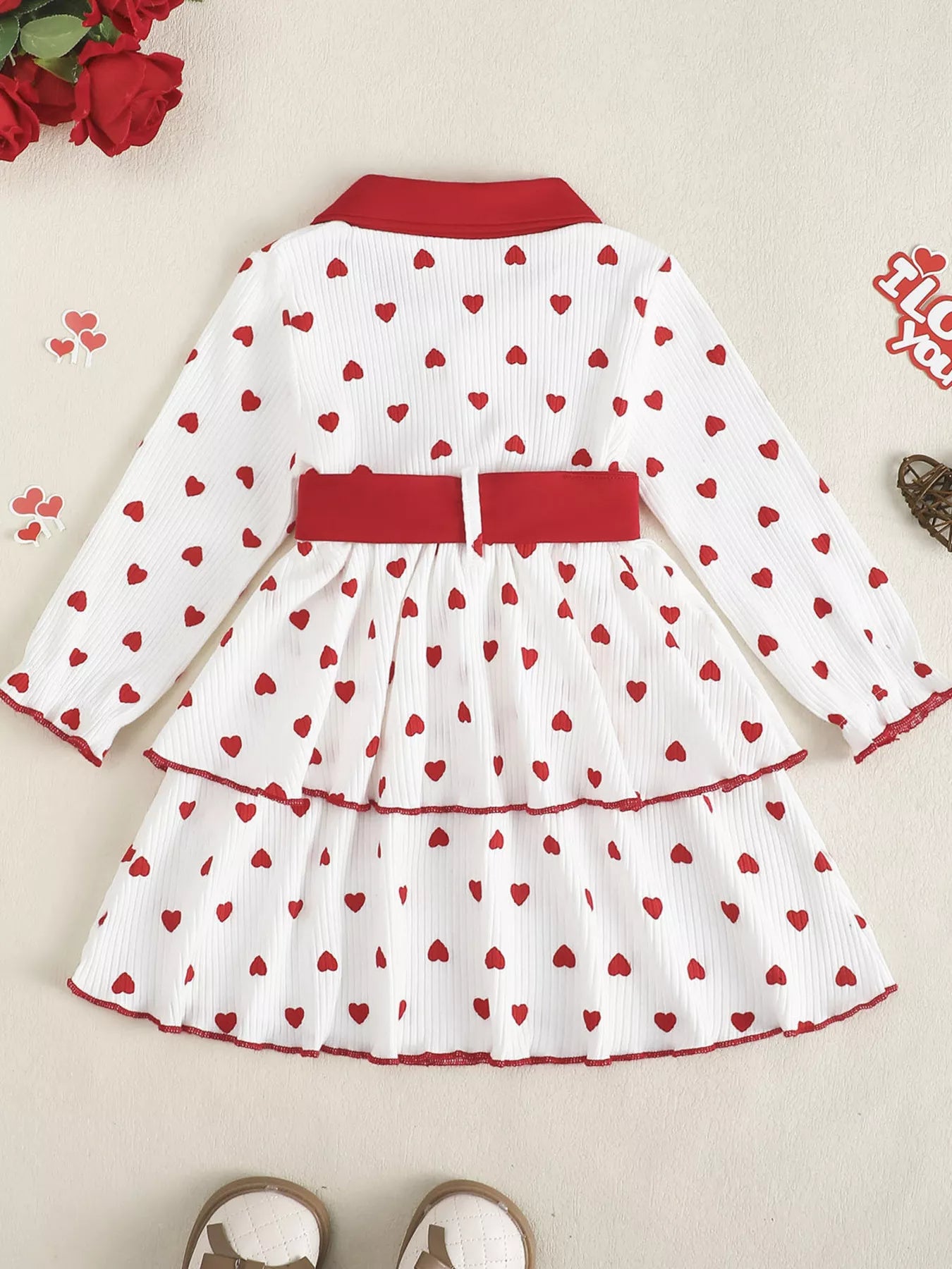 Children's Heart Print Tiered Dress and Belt Set