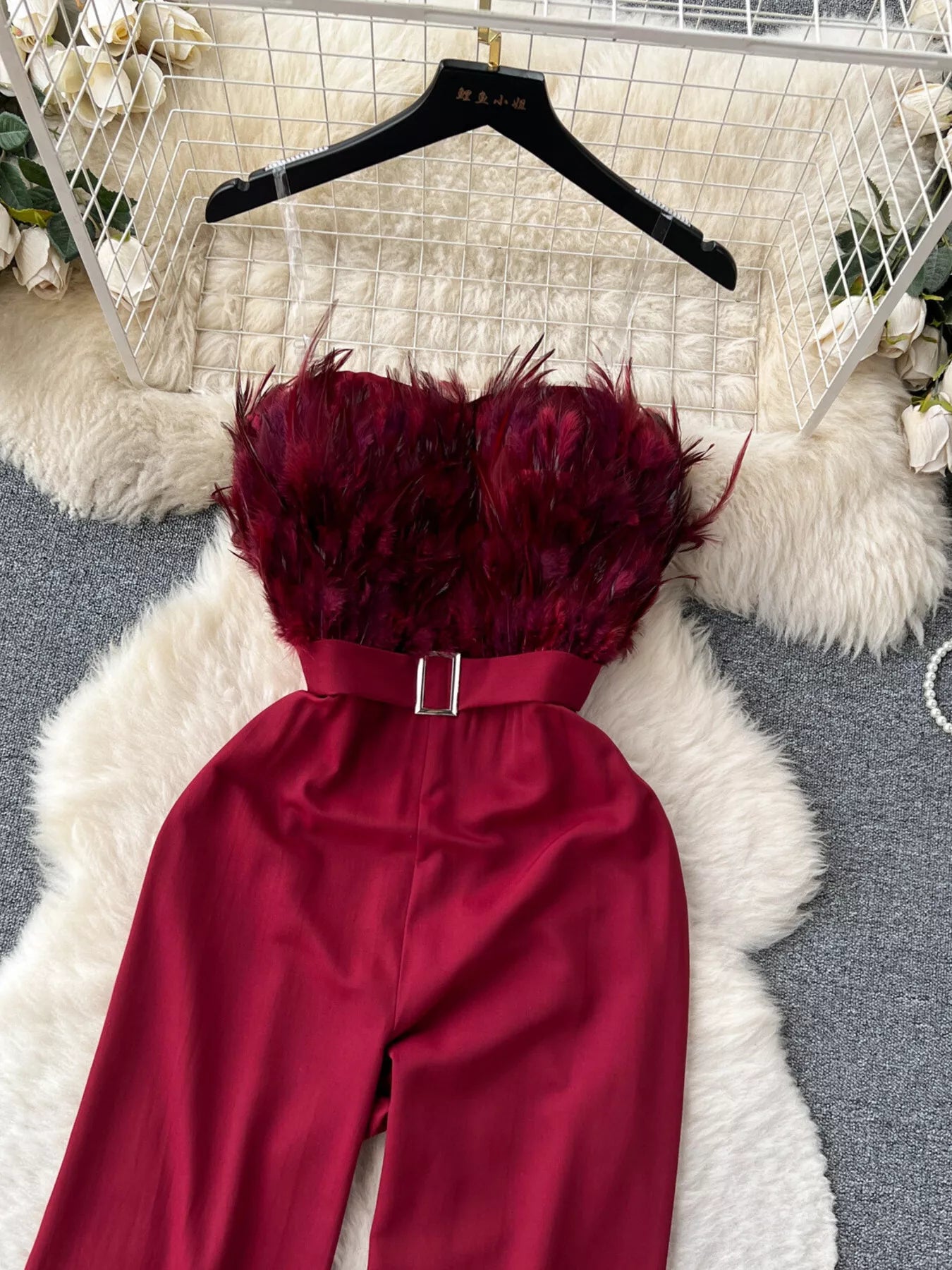 Feather Trim Strapless Wide Leg Jumpsuit
