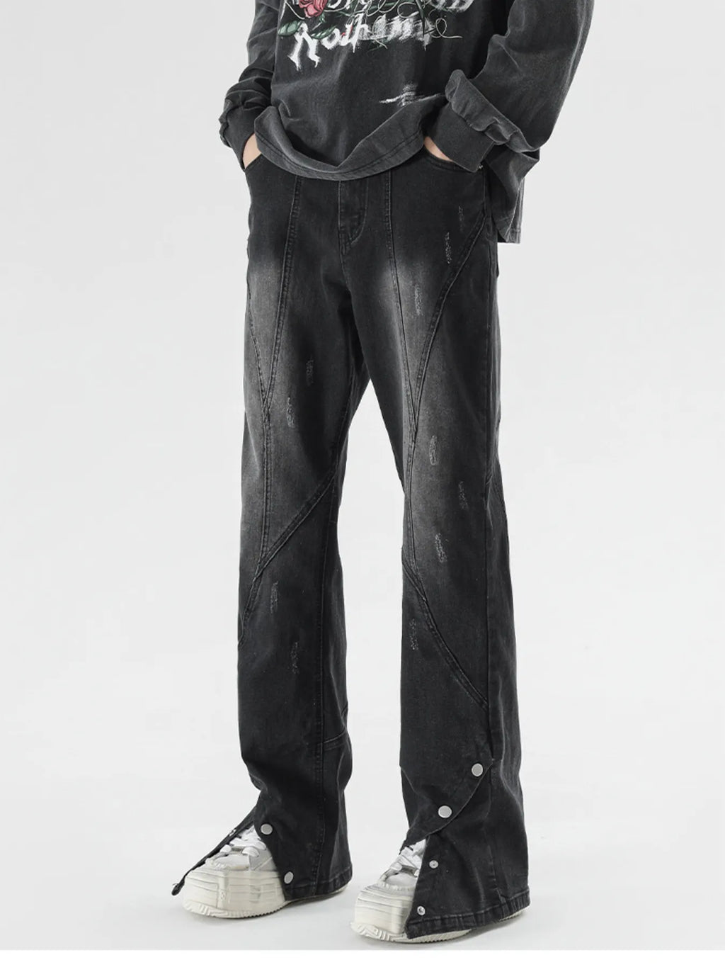 Men's Plus Size Washed Flare Jeans with Snap-Down Hem