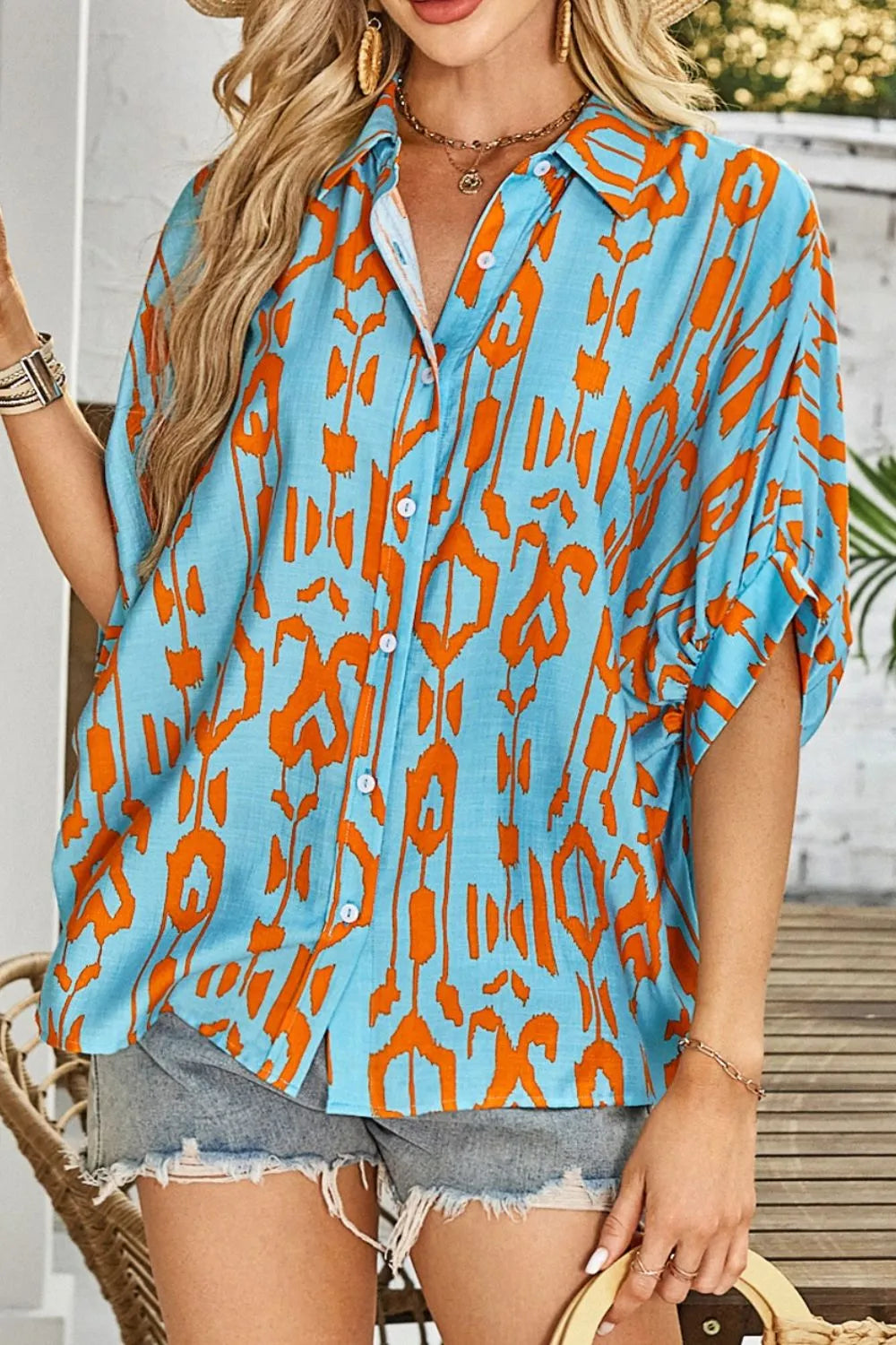 Abstract Print Dolman Short Sleeve Western Loose Shirt