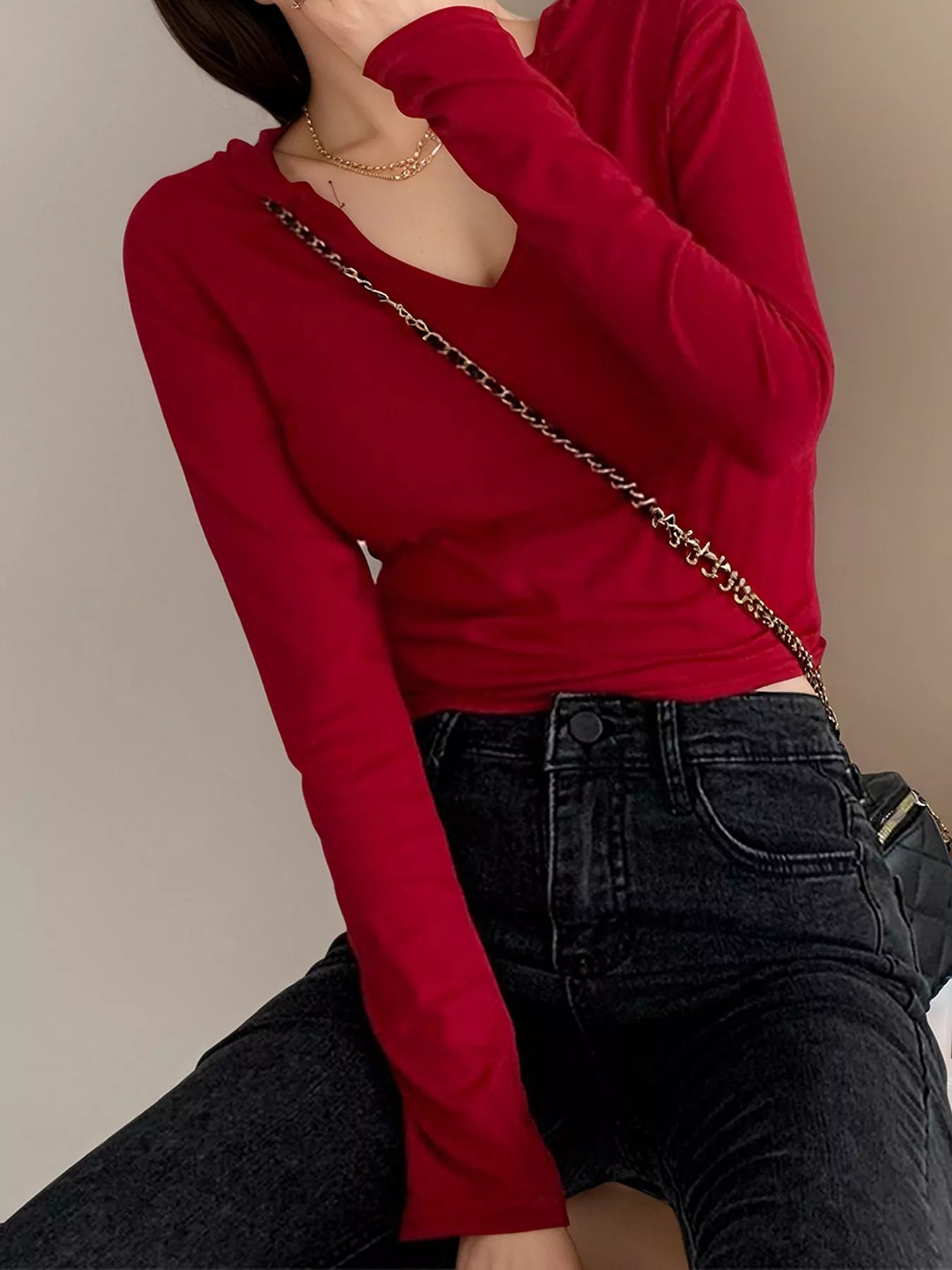 V-Neck Long Sleeve Slim Fit T-Shirt