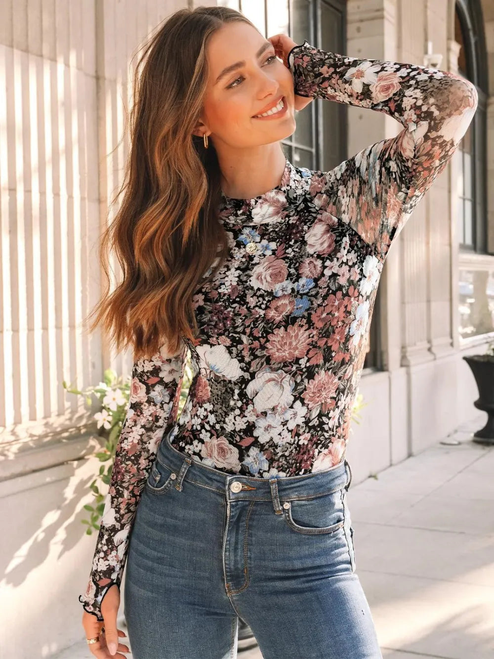 Floral Mock Neck Long Sleeve T-Shirt