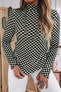 Plaid Stand Neck Long Sleeve Mesh Top