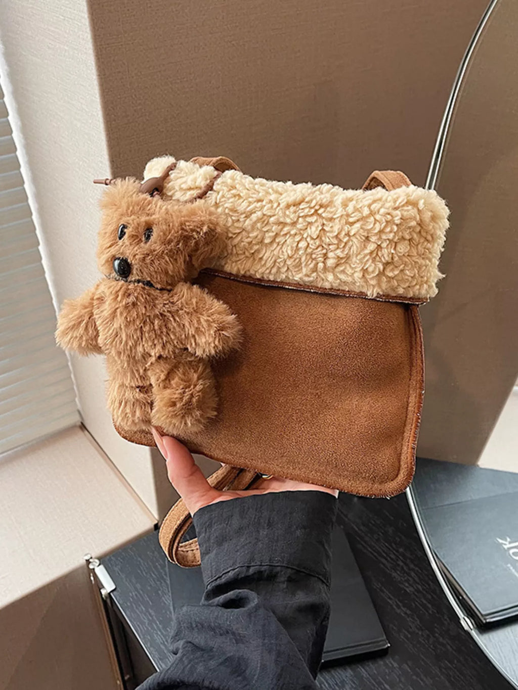 Teddy Bear Charm Plush Trim Crossbody Bag