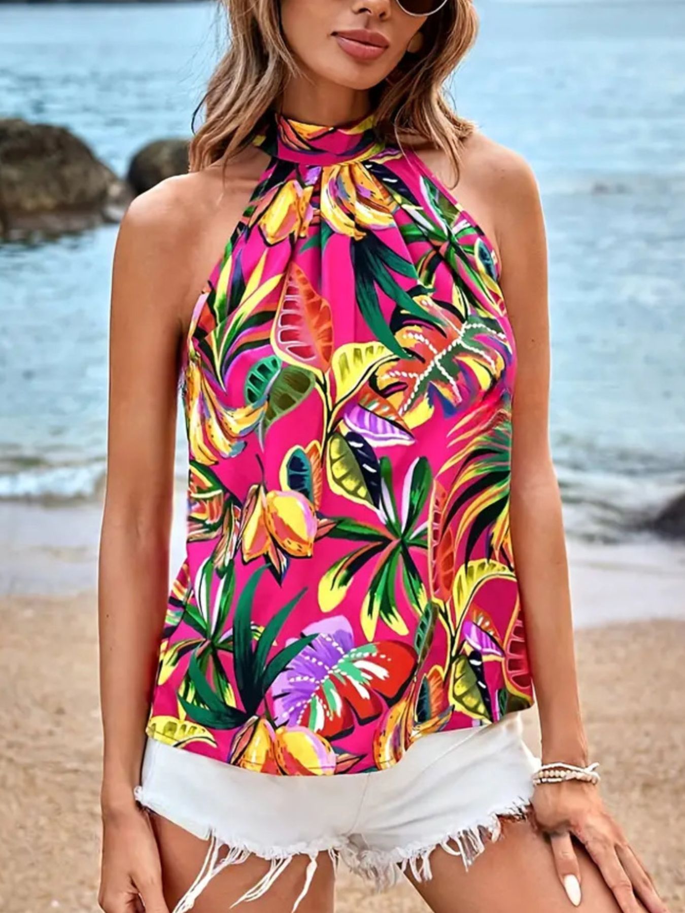 Tropical Print Halter Neck Cami