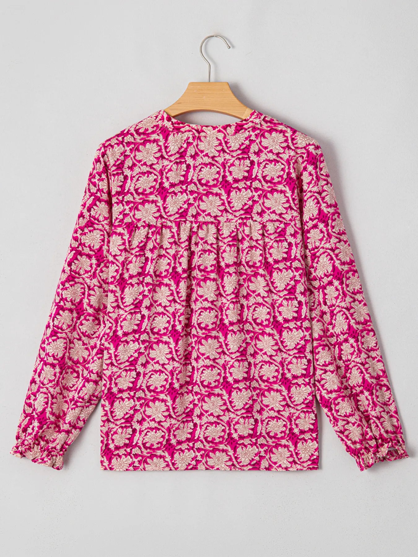Floral Print Split Neck Pleated Long Sleeve Blouse
