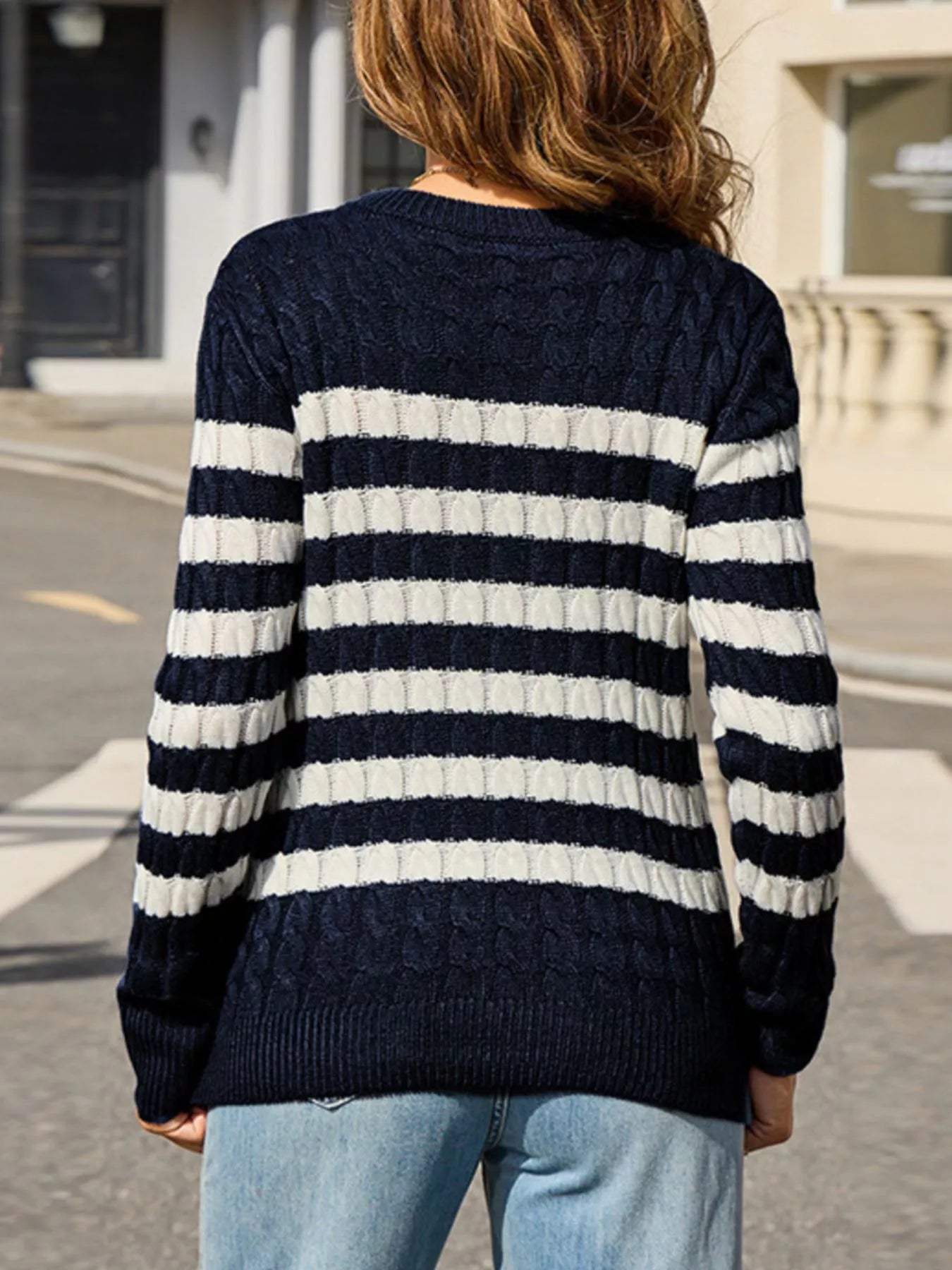 Striped Cable Knit Round Neck Sweater