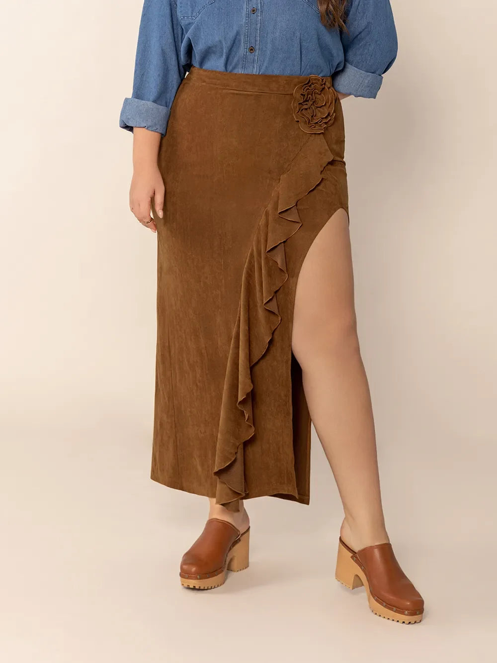 Plus Size Ruffled Slit High Rise Skirt