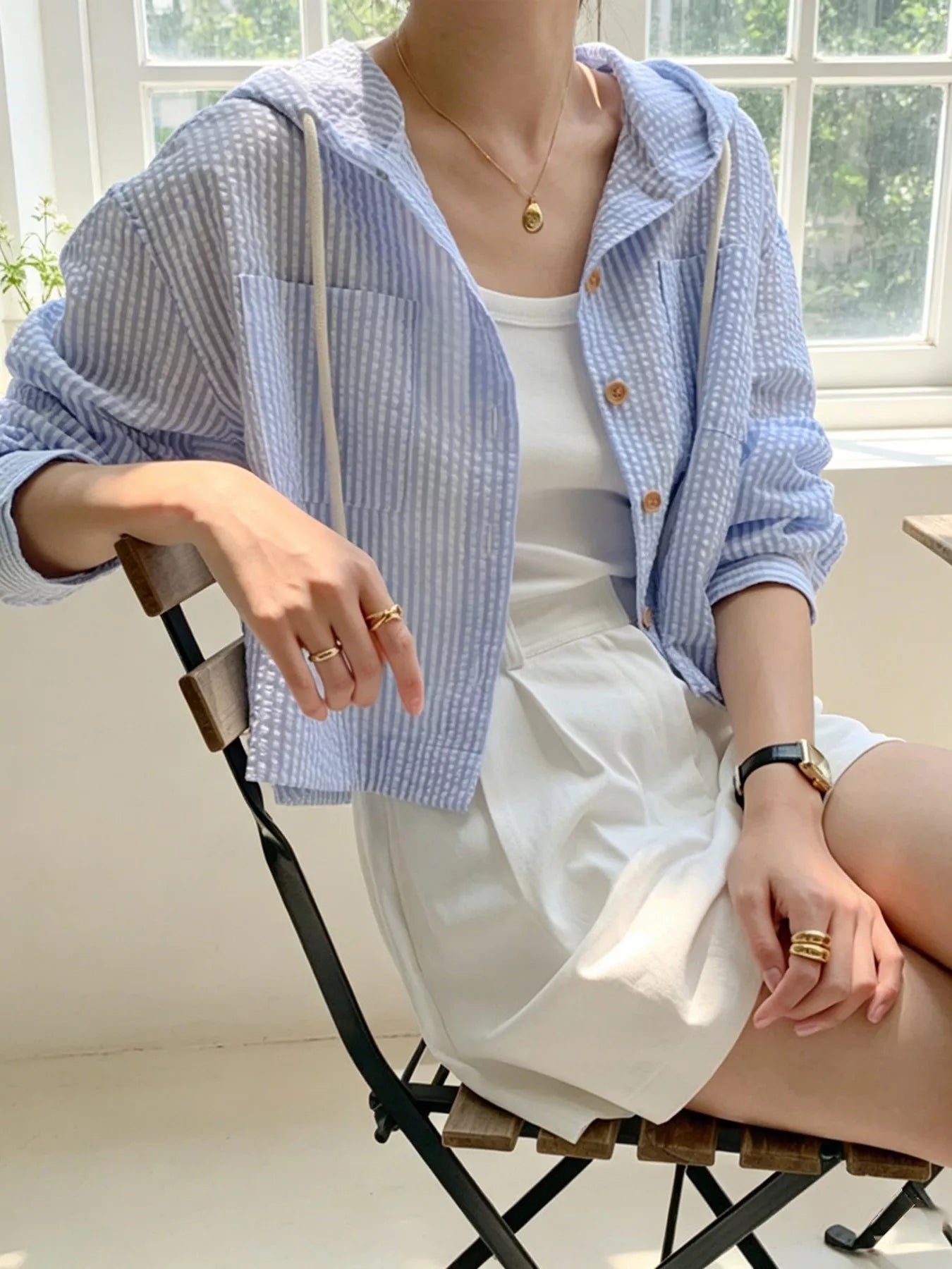 Striped Hooded Shirt with Drawstring Detail