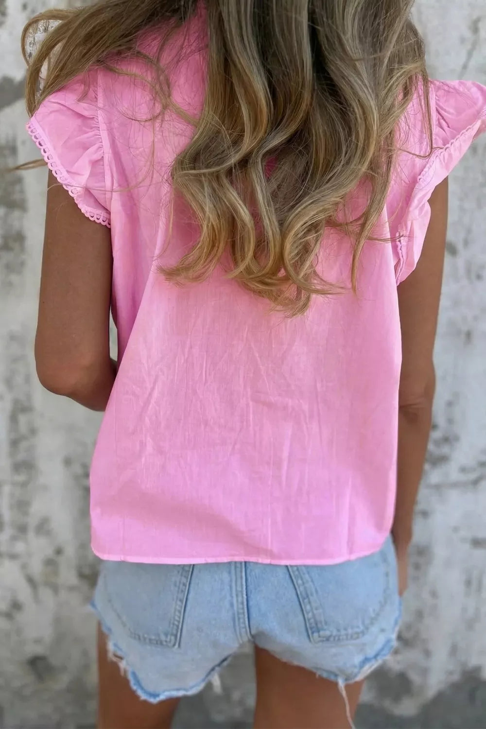 Lace Detail Flutter Sleeve Pleated Round Neck Blouse