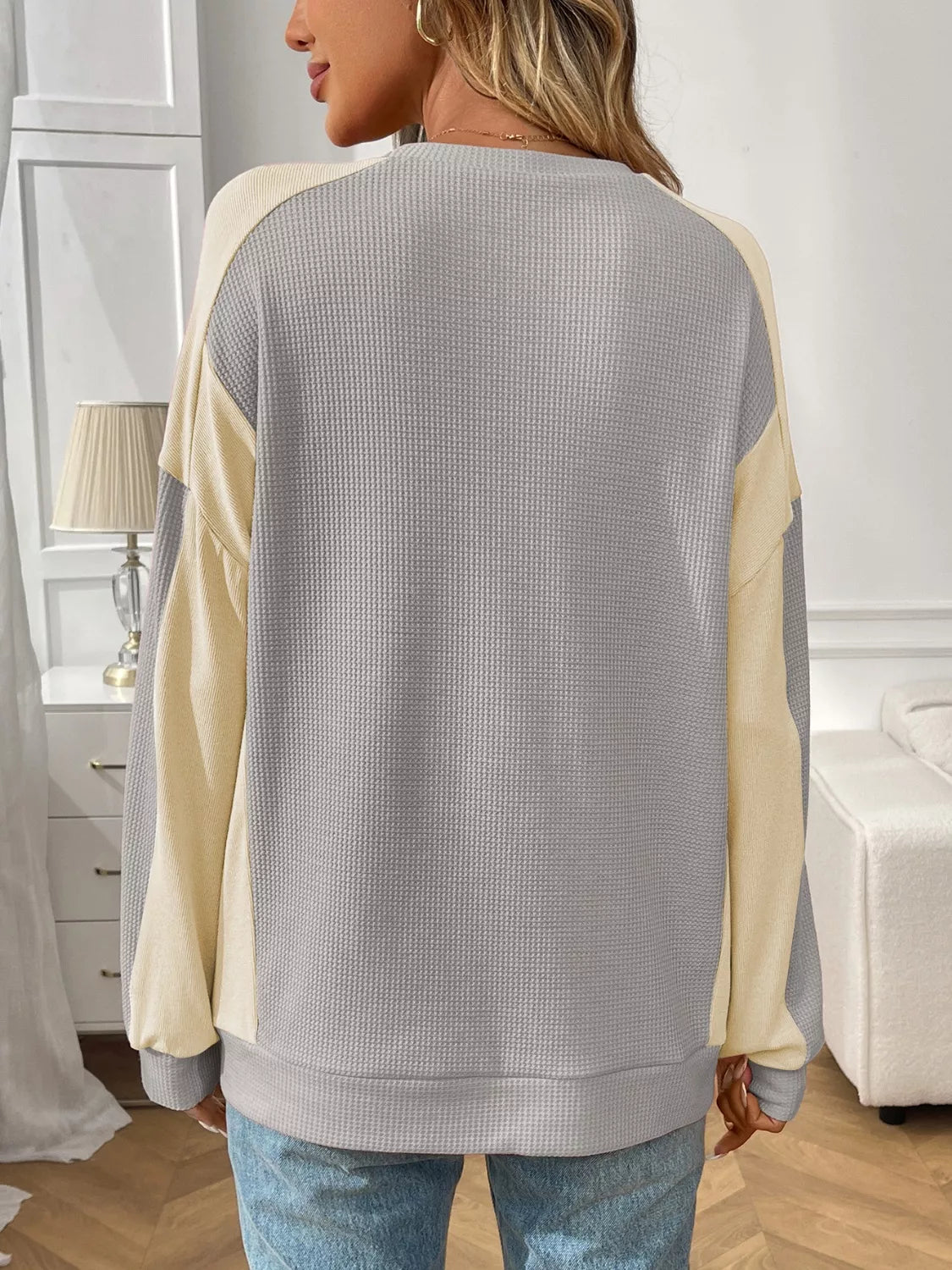 Color Block Waffle Knit Long Sleeve T-Shirt