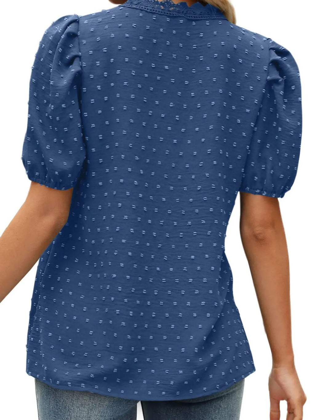 Puff Sleeve Swiss Dot Lace Trim Blouse