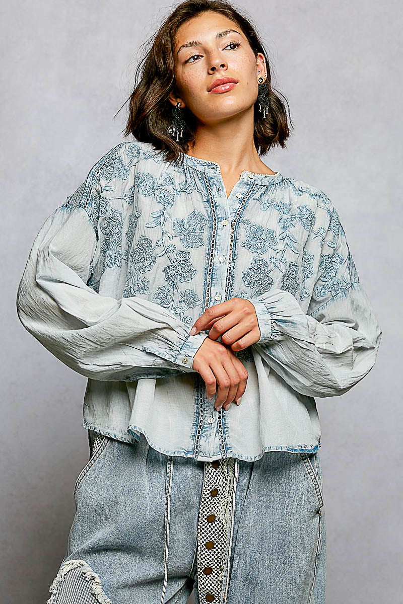 POL Floral Embroidered Button Down Long Sleeve Shirt
