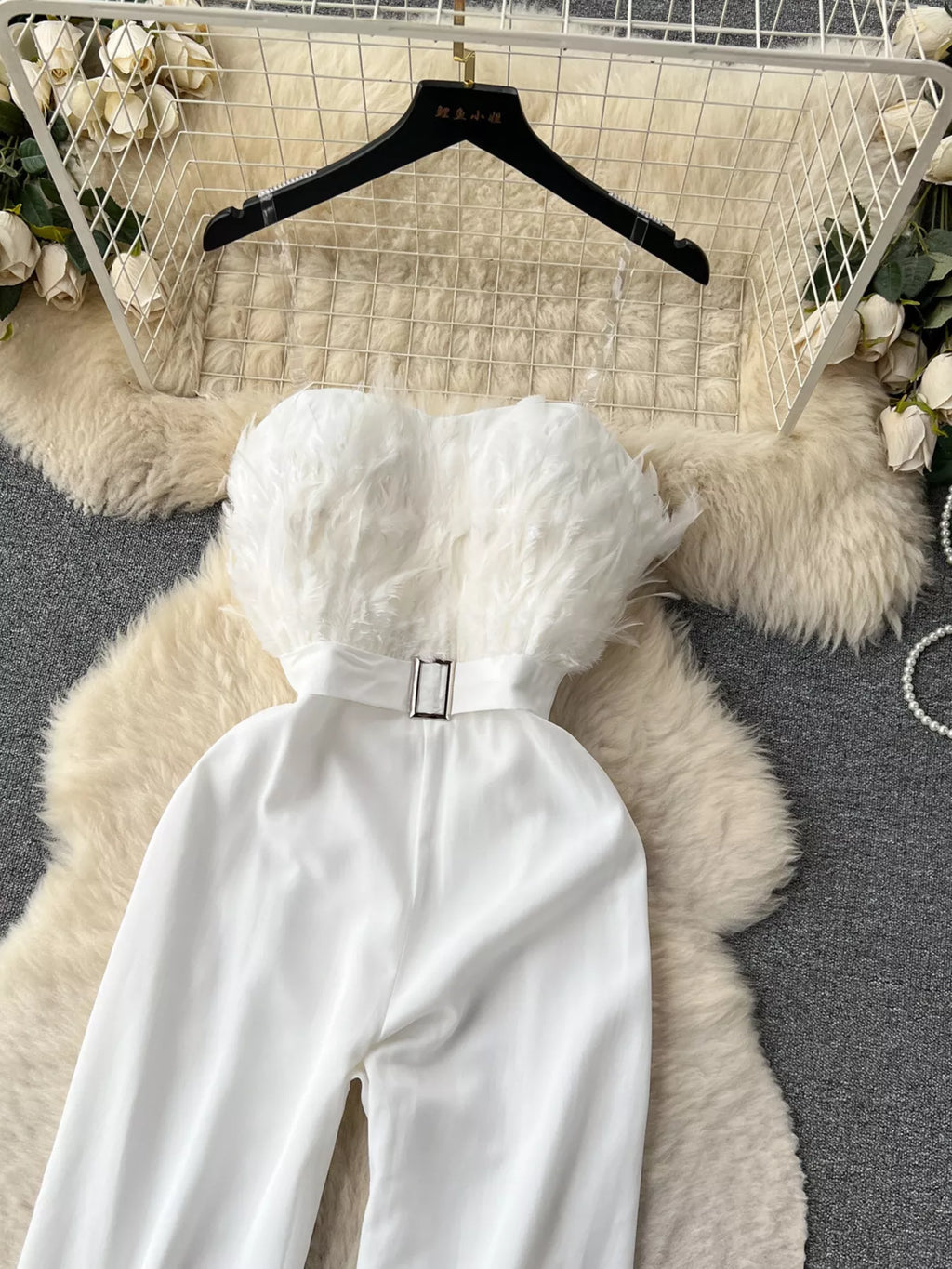 Feather Trim Strapless Wide Leg Jumpsuit