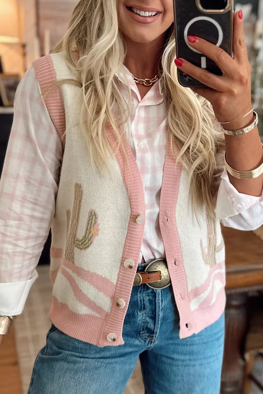 Color Block Trim Button Front Cactus Pattern Western Sweater Vest