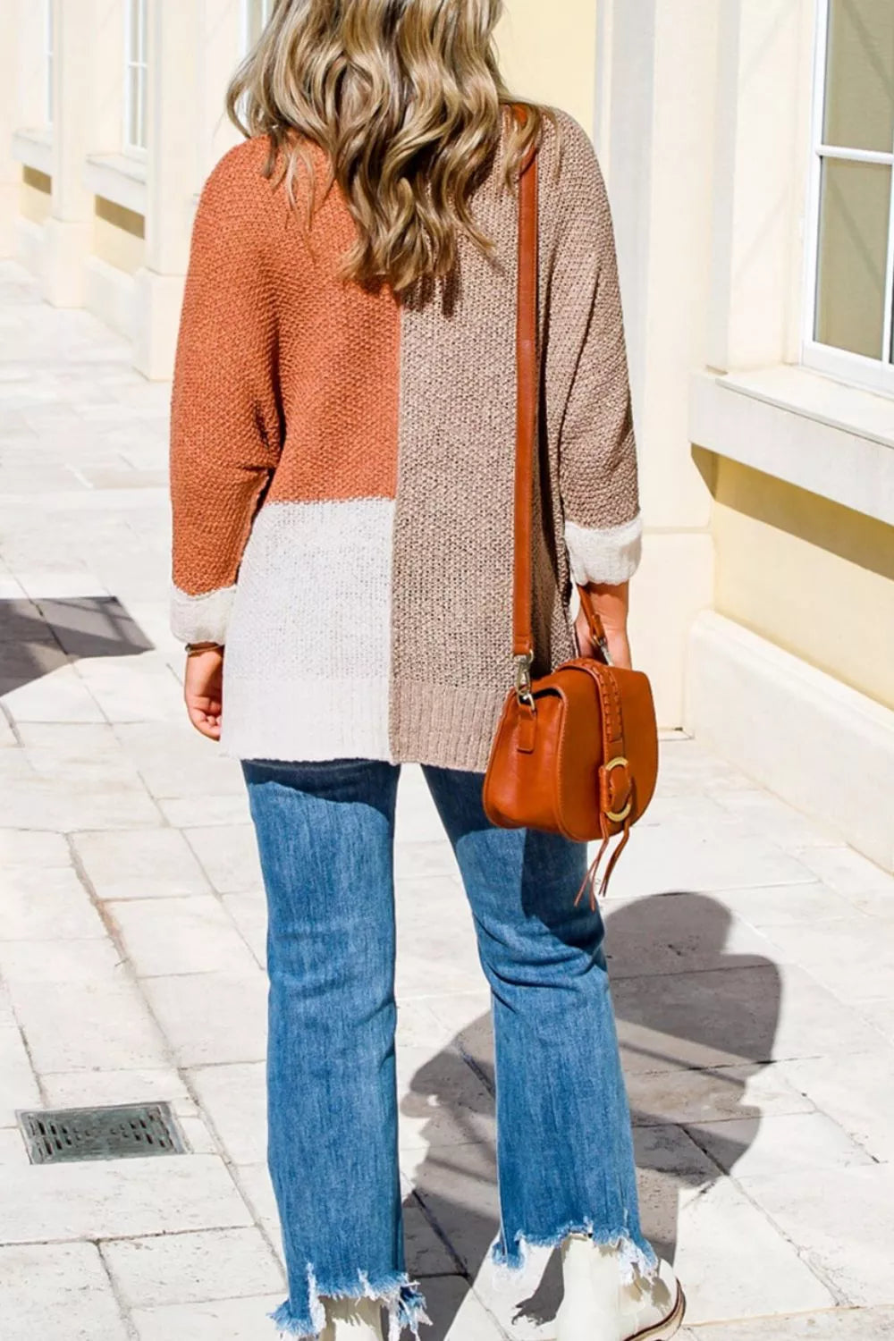 Color Block Knit V Neck Loose Sweater