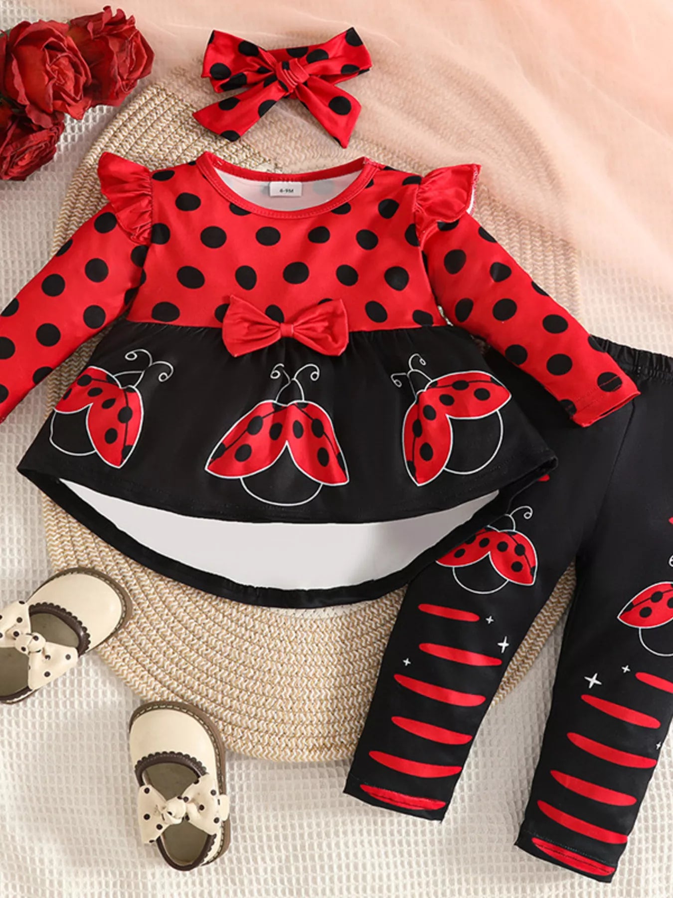 Children's Ladybug Print Ruffle Trim Top and Pants Set