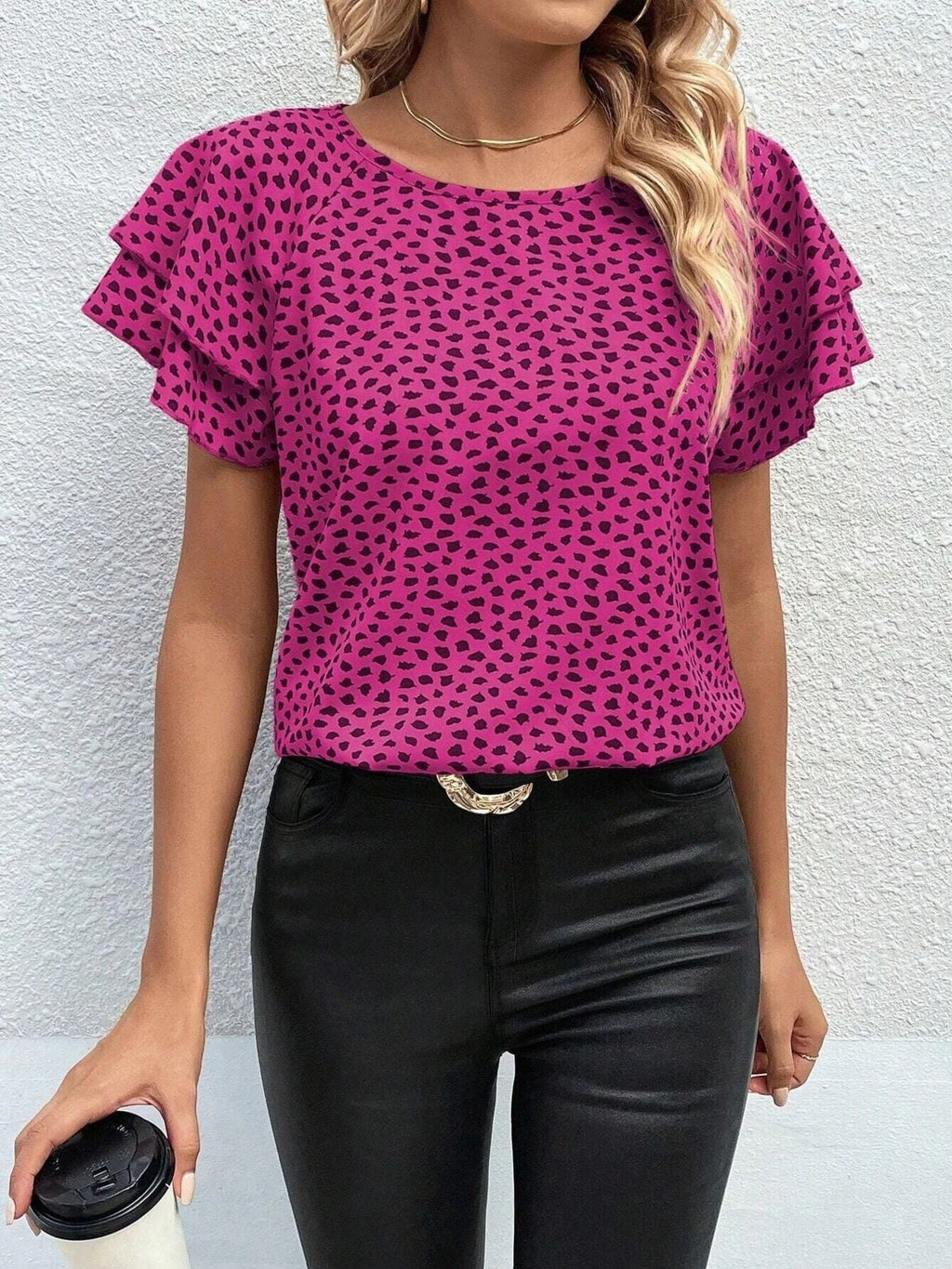 Animal Print Ruffle Sleeve Blouse