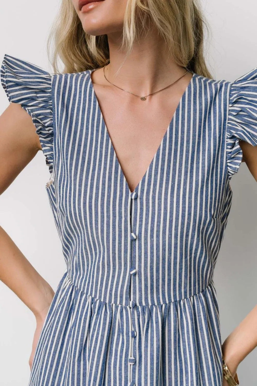 Slit Striped V-Neck Ruffled Cap Sleeve Dress