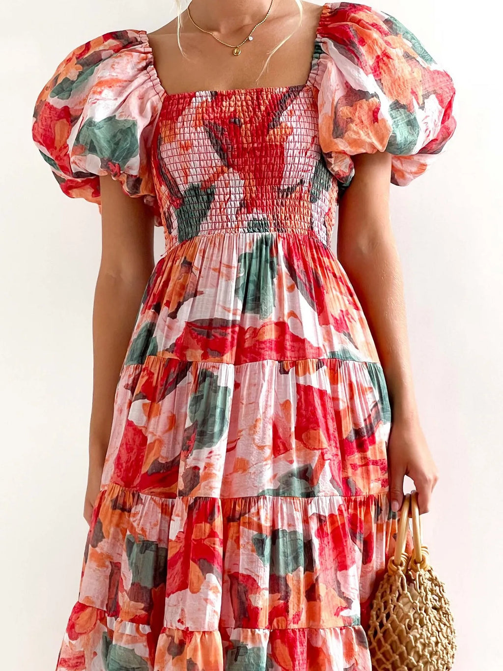 Floral Smocked Puff Sleeve Tiered Dress