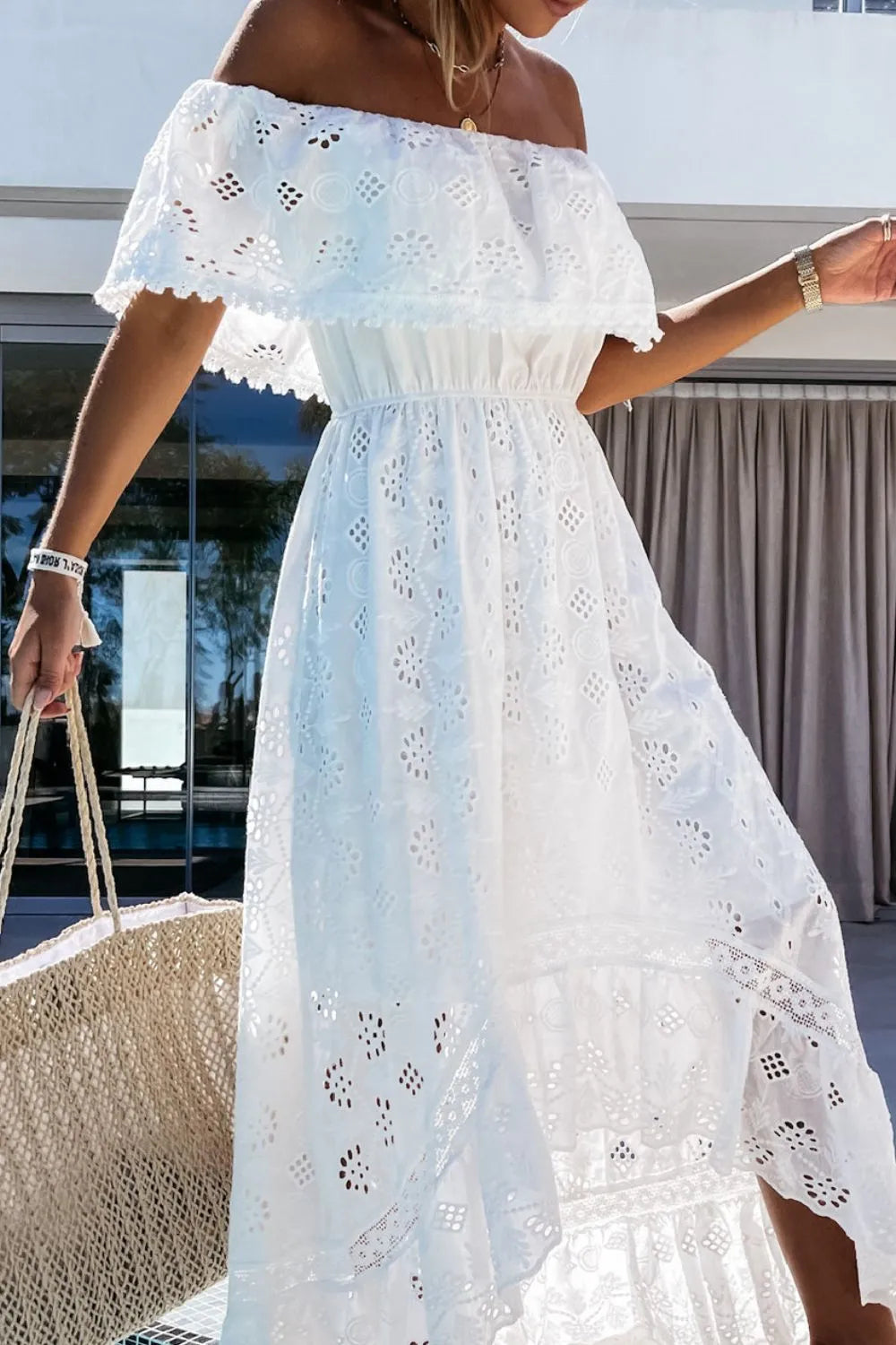 Off Shoulder Eyelet Lace Maxi Dress