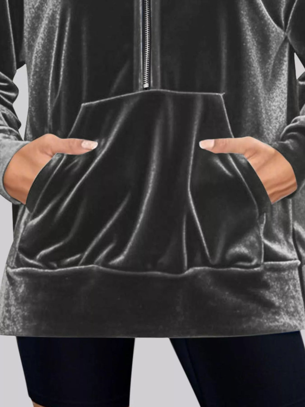 Full Size Velvet Half Zip Hoodie with Kangaroo Pocket Plus Size