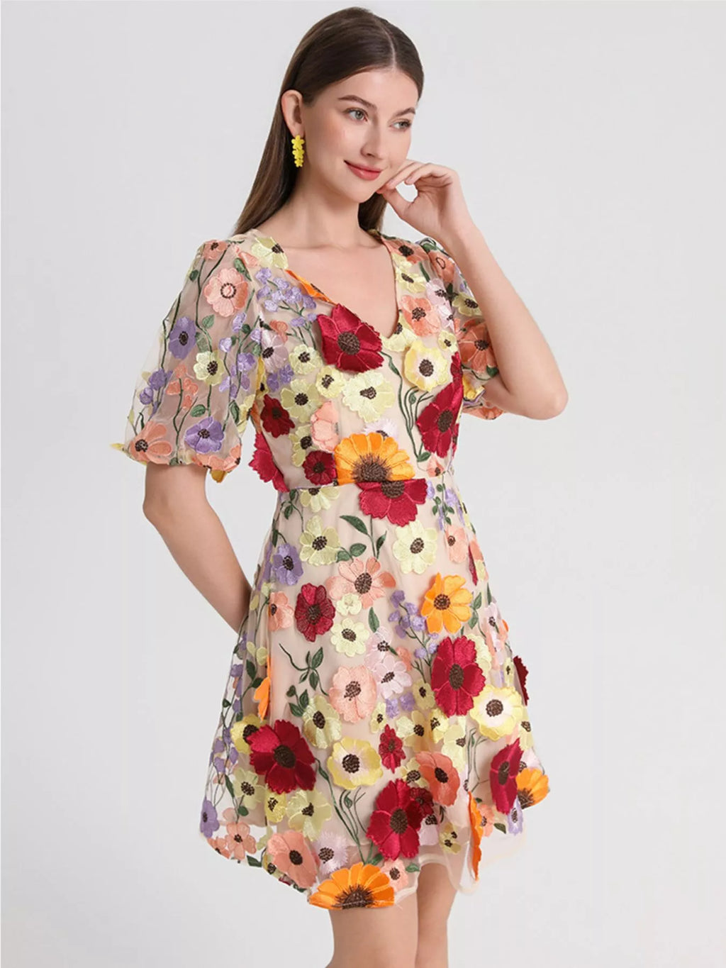 Plus Size Embroidered Floral V-Neck Mini Dress