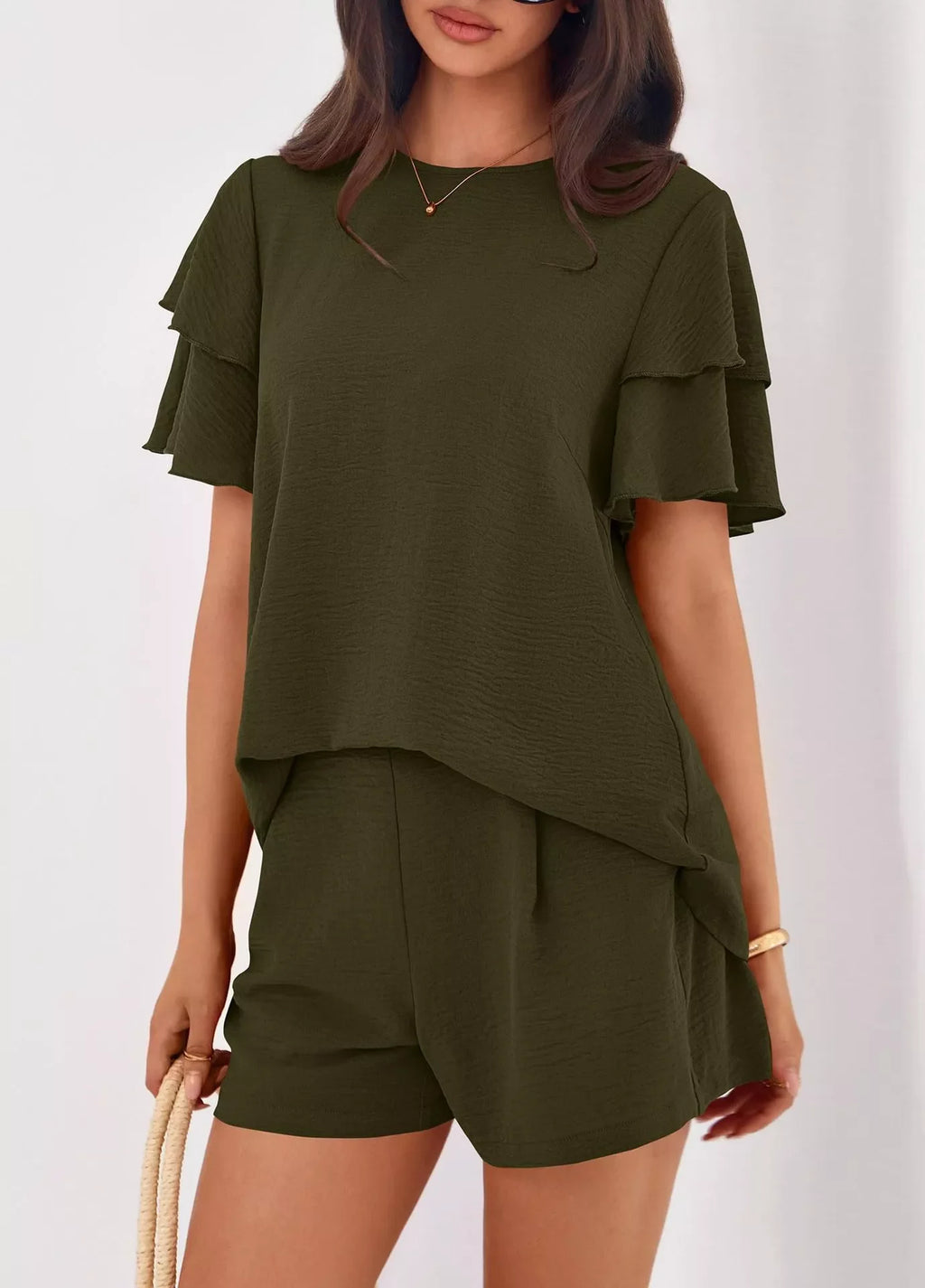 Ruffle Sleeve Top and Shorts Two-Piece Set