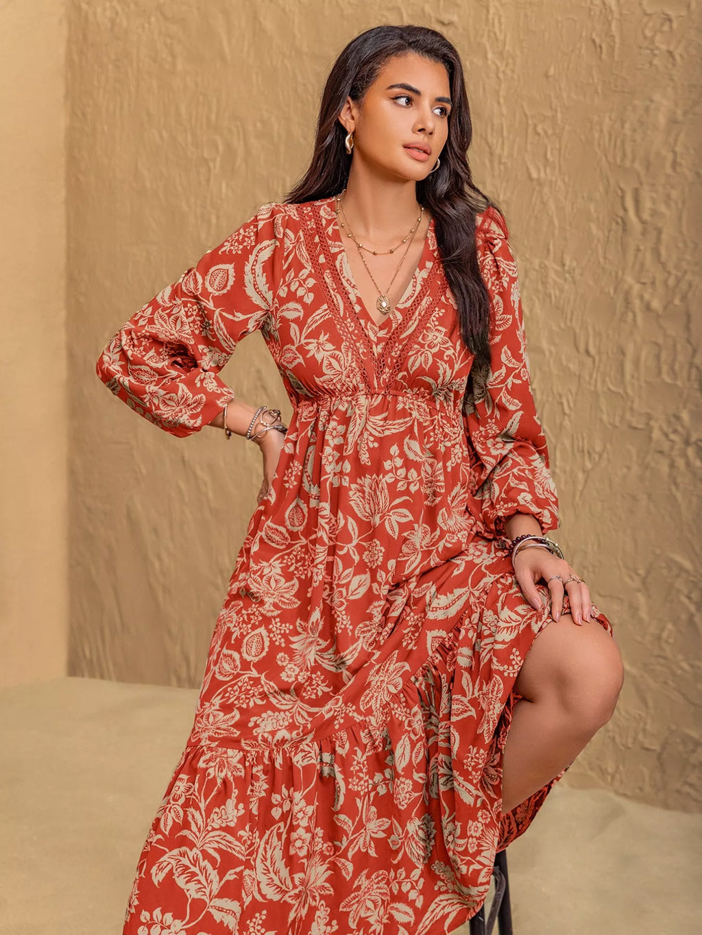 Boho Floral Print Long Sleeve Midi Dress