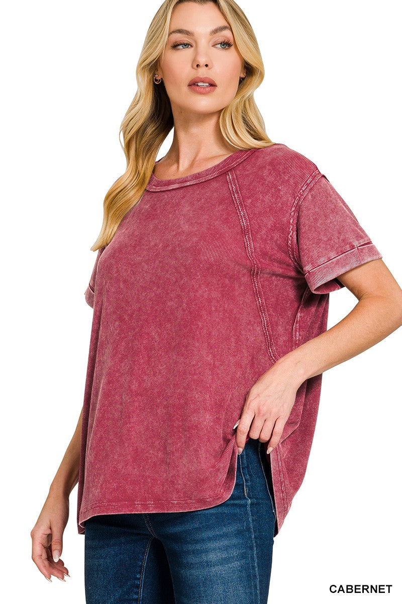 Zenana Washed Ribbed Cuffed Short Sleeve Round Neck Top