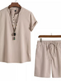 Men's Plus Size Mandarin Collar Short Sleeve Shirt and Shorts Set