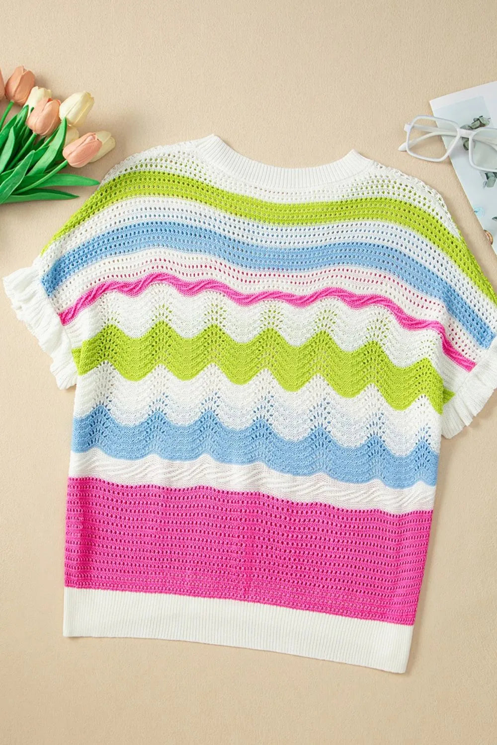 Color Block Crochet Ruffled Short Sleeve Knit Top