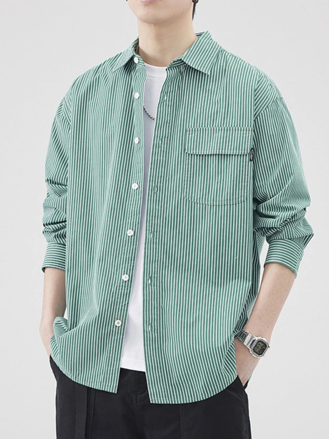 Men's Plus Size Striped Button Up Long Sleeve Shirt