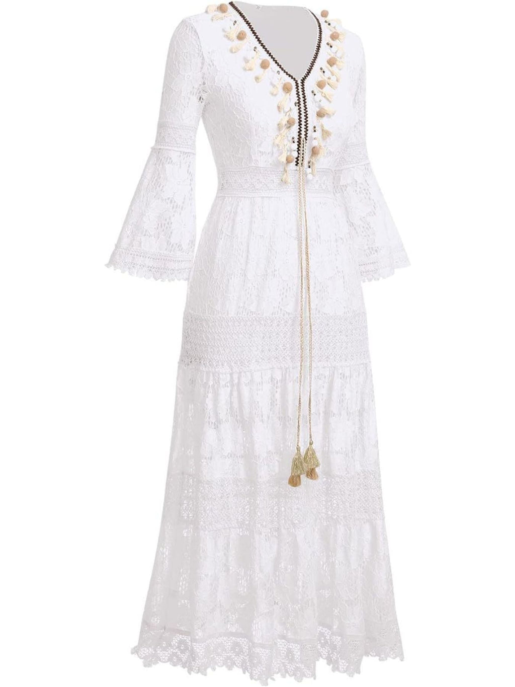 Bohemian Lace Maxi Dress with Bell Sleeves