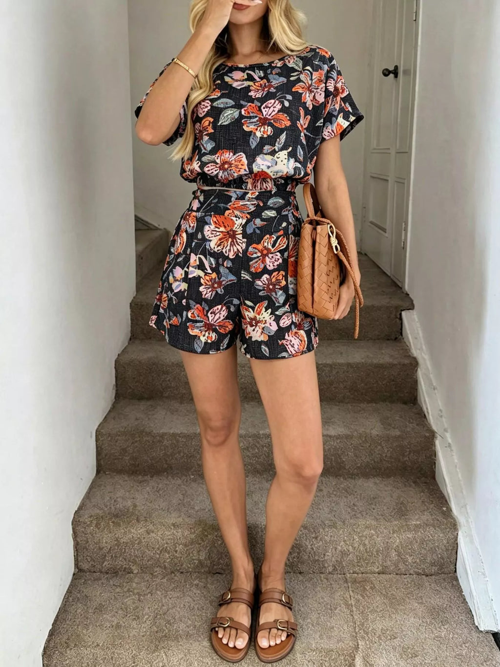 Floral Print Crop Top and Shorts Set