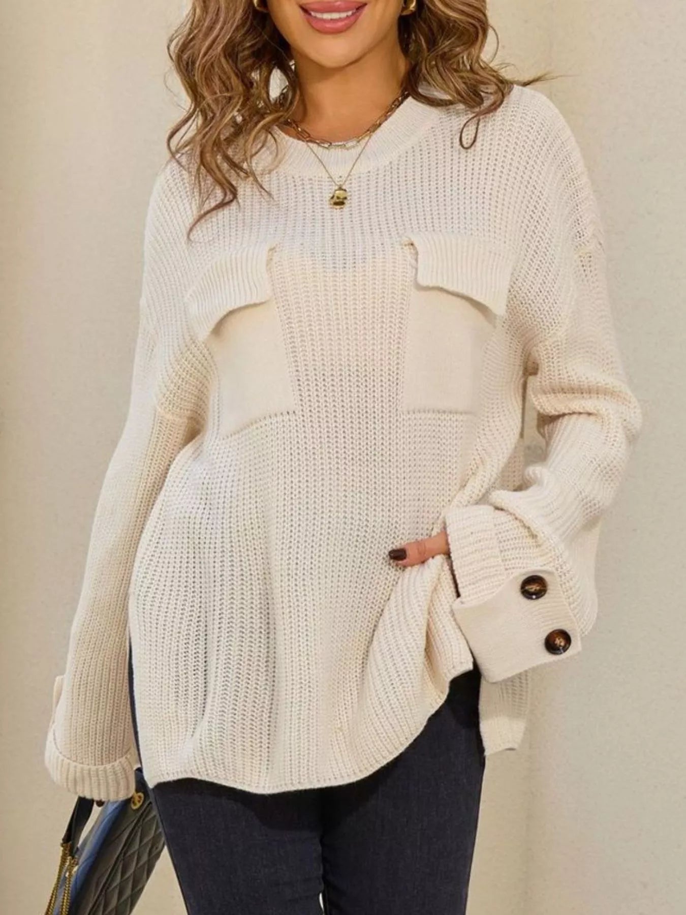 Pocket Detail Round Neck Sweater