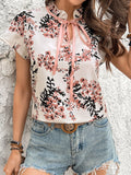 Floral Print Tie Neck Short Sleeve Blouse