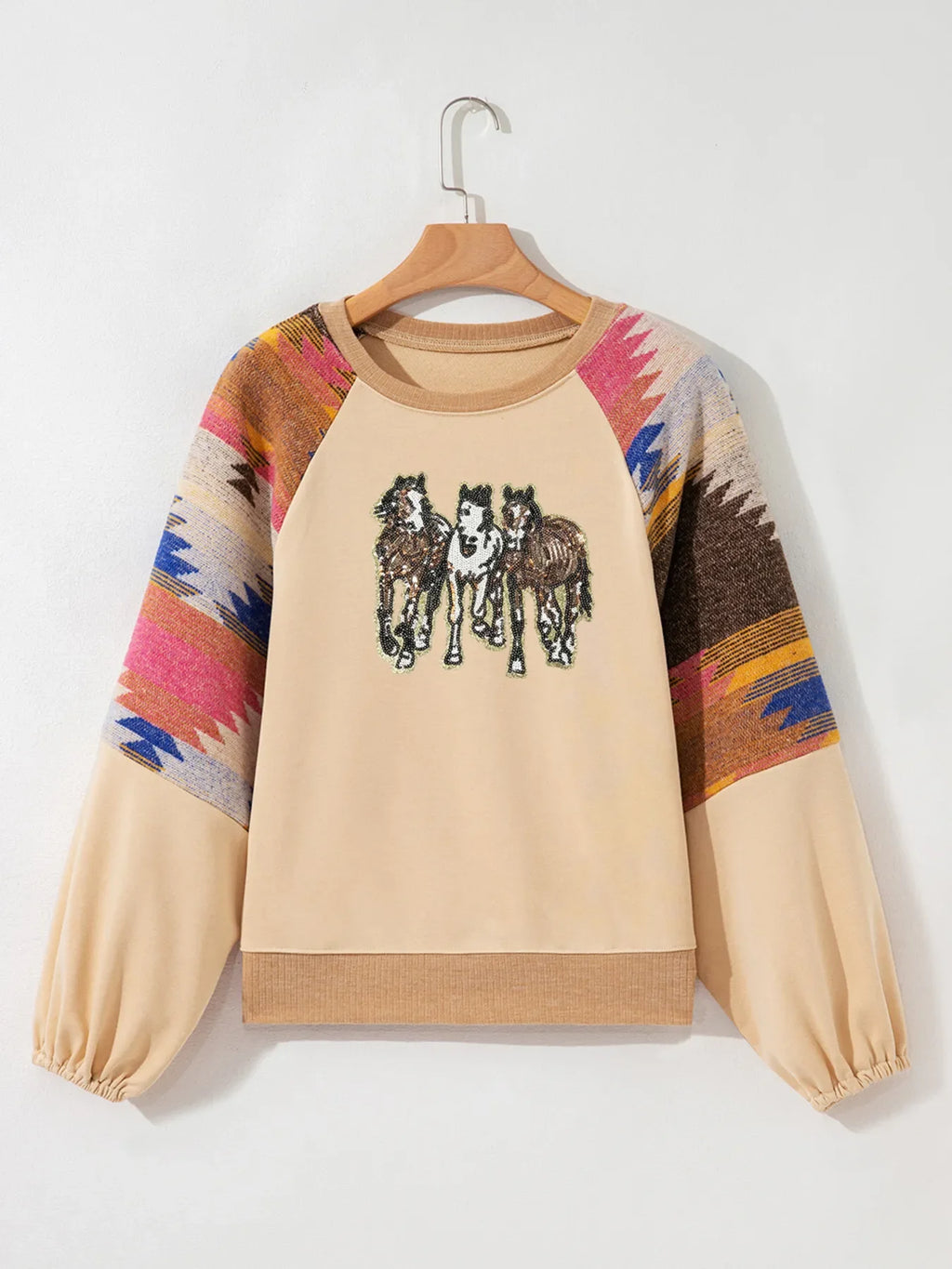 Sequined Western Horses Bubble Sleeve Sweatshirt