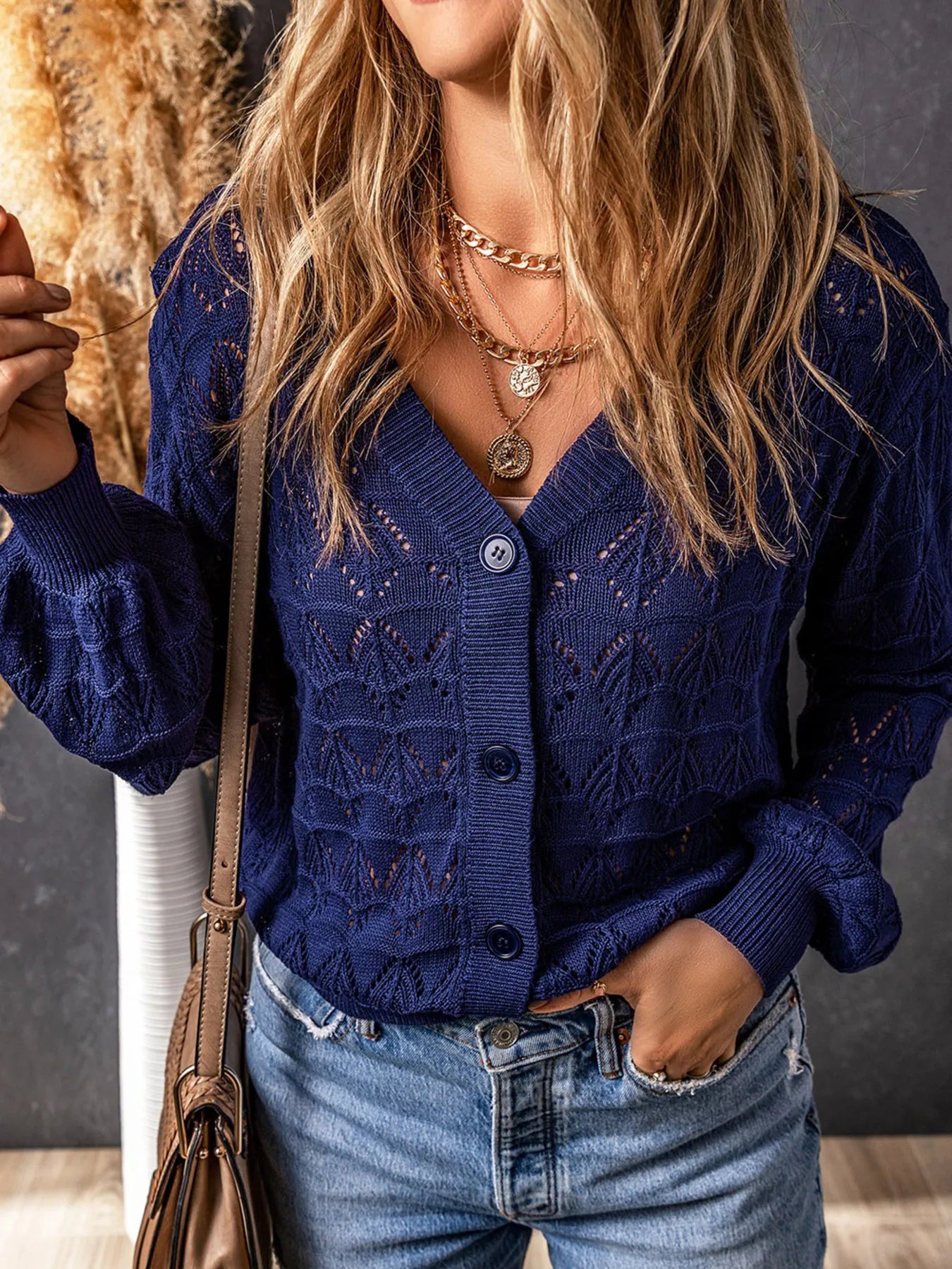 Buttoned Front Openwork Cardigan