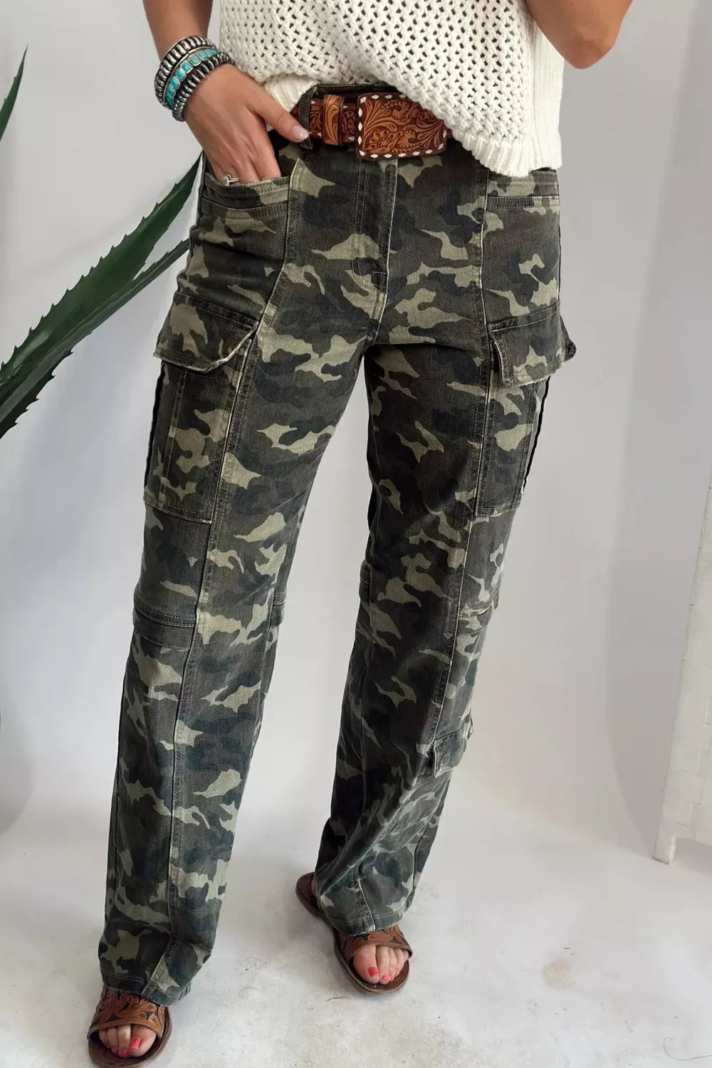 Camouflage Print Multi Pocketed Womens Denim Pants