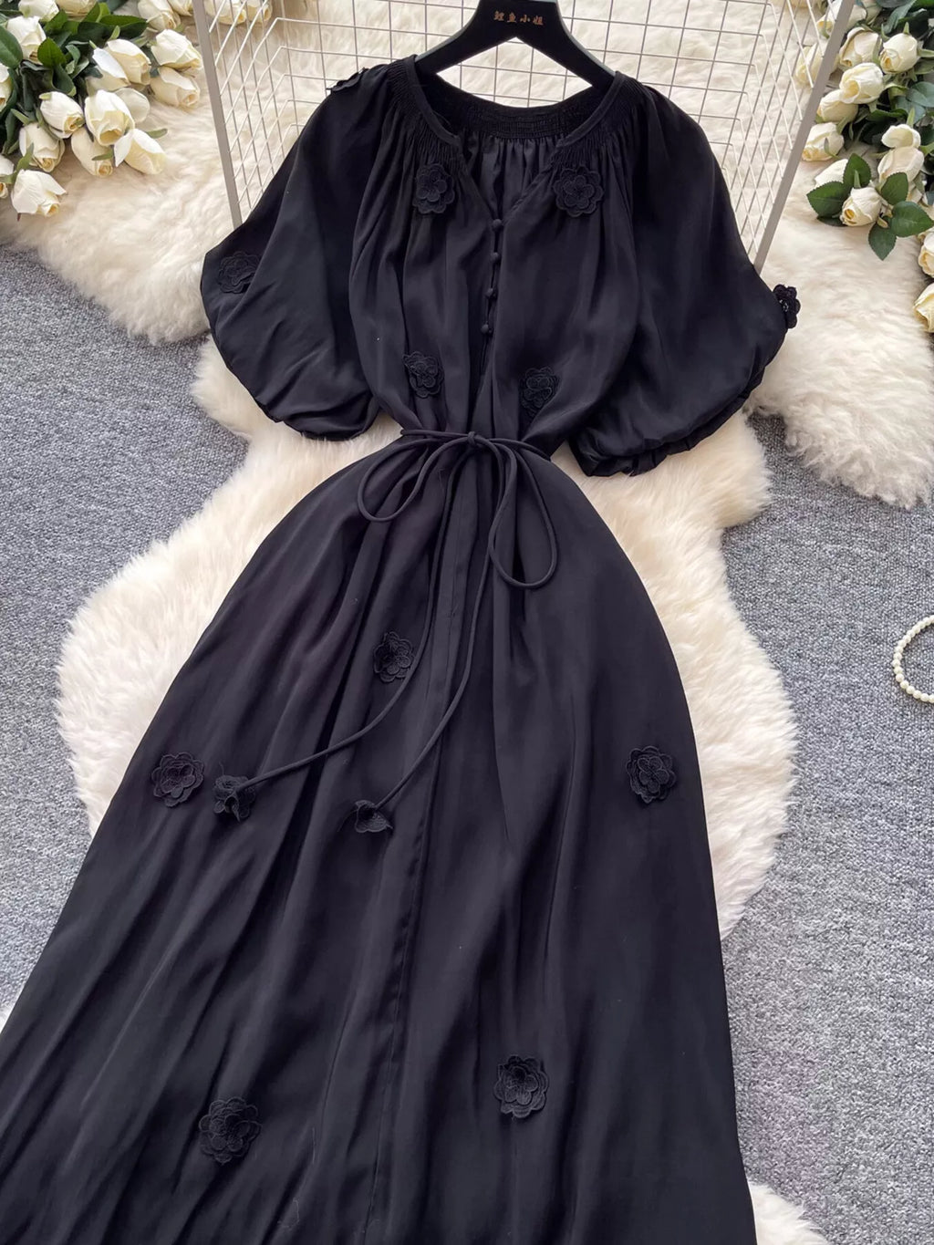 Floral Decor Tie Waist Puff Sleeve Dress