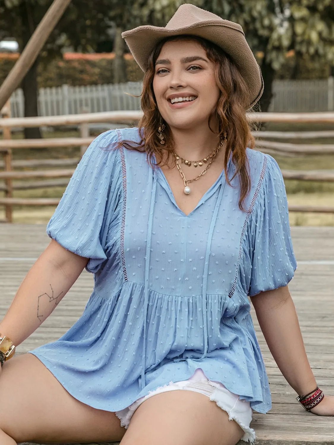 Plus Size Swiss Dot Tie Neck Short Sleeve Blouse