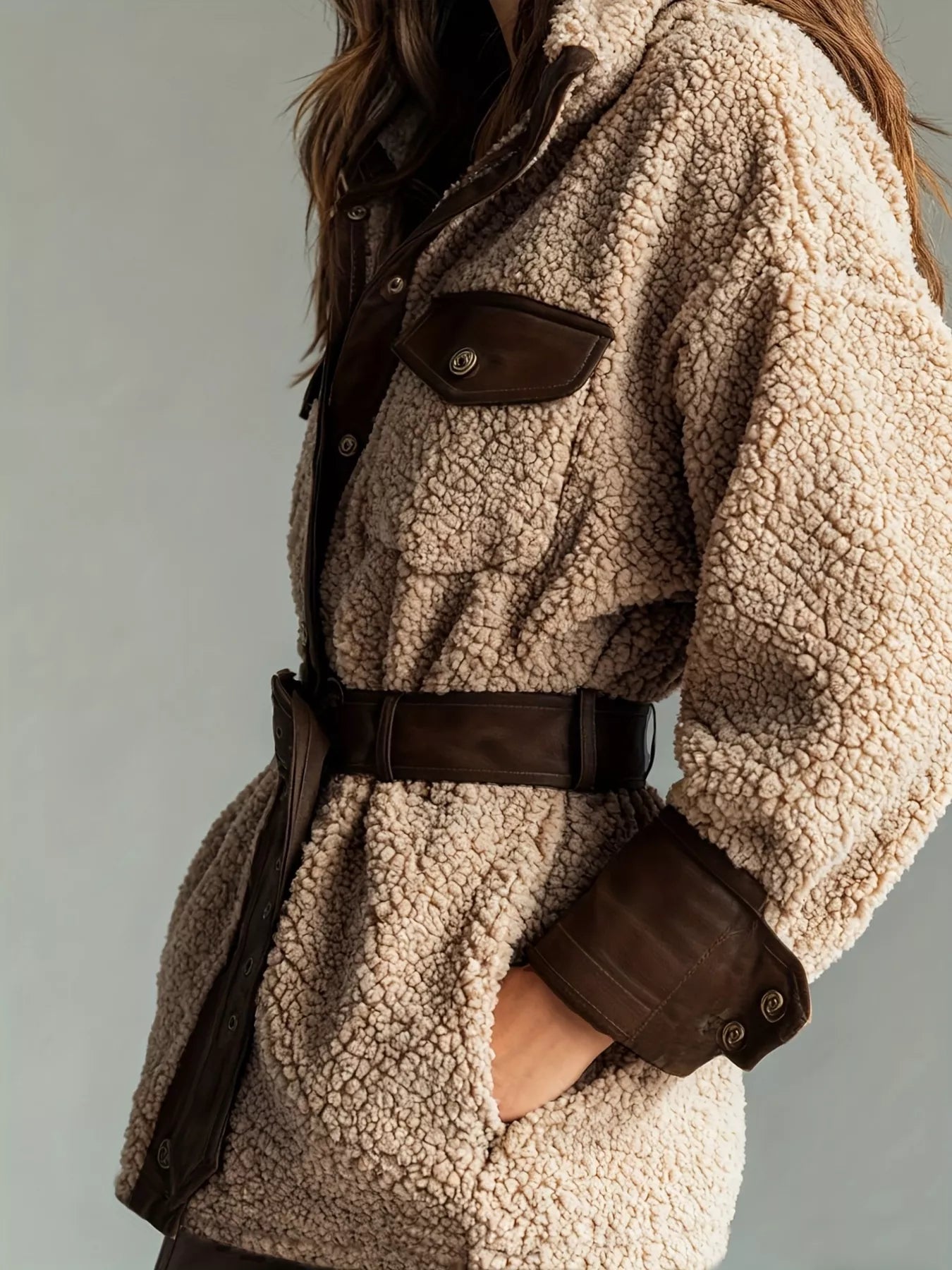 Leather Trim Sherpa Outerwear with Pockets