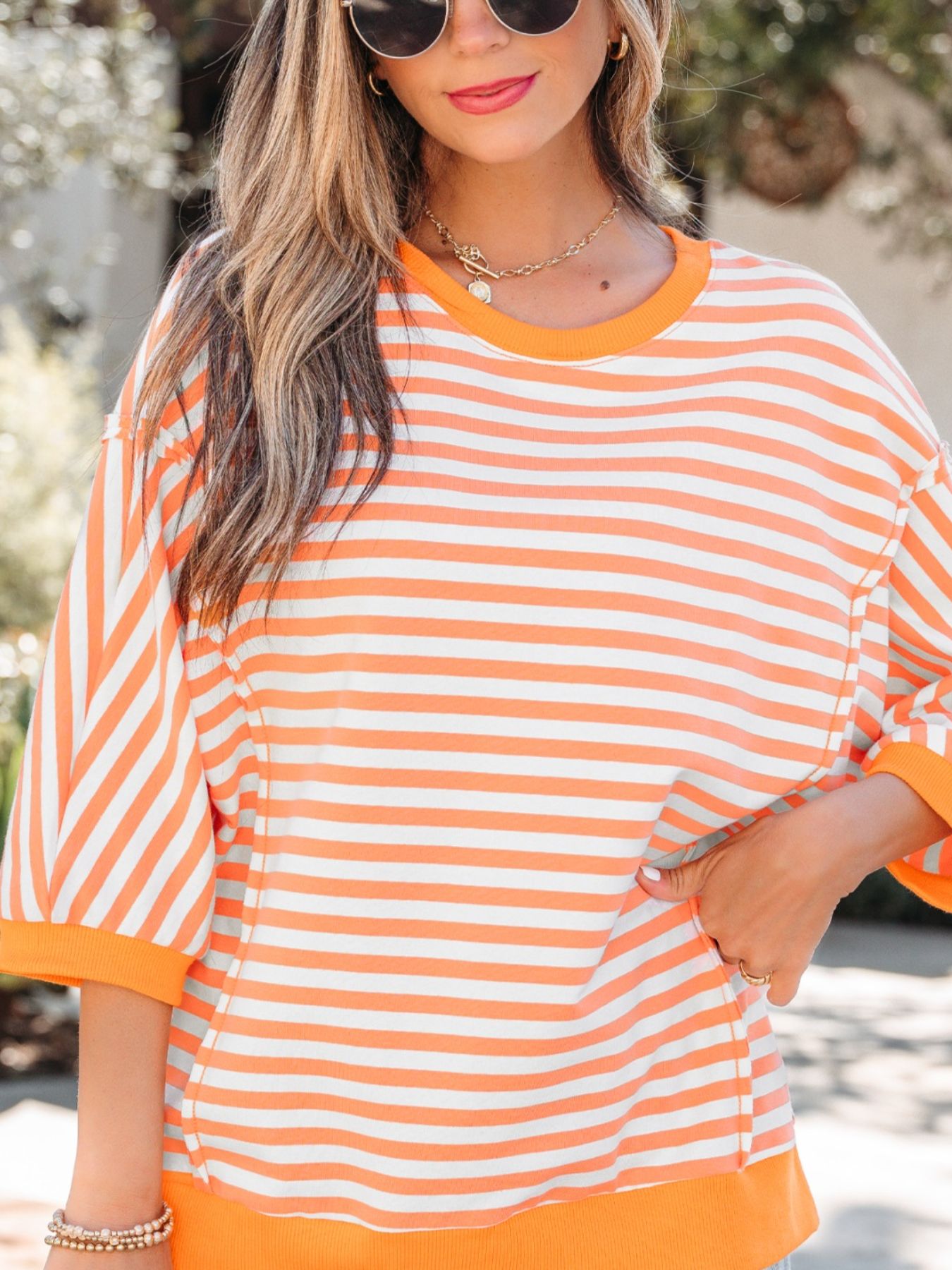 Stripe 3/4 Sleeve Exposed Seam Patchwork Pullover Top
