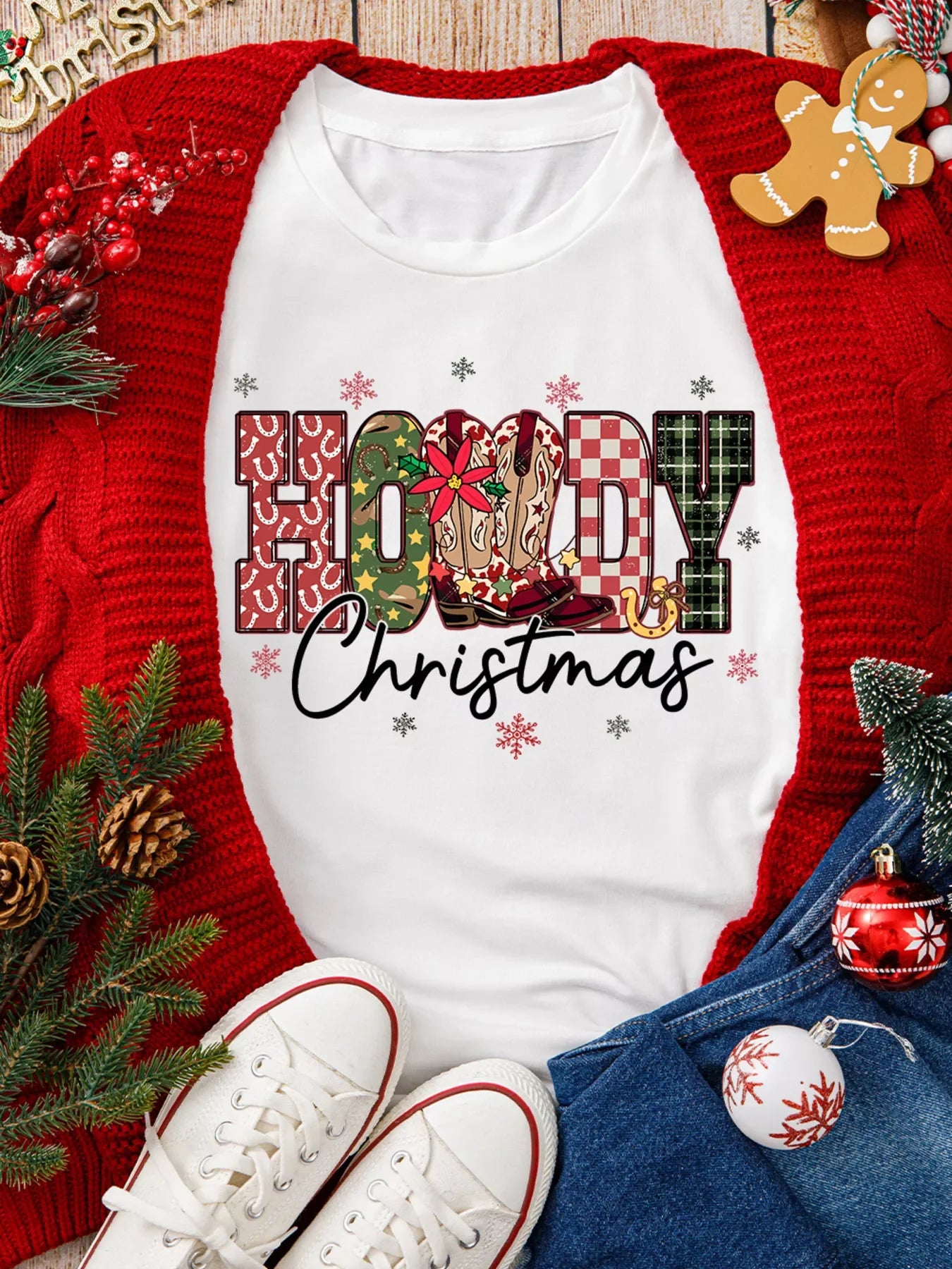 HOWDY Christmas Festive Letter Printed Crew Neck T Shirt
